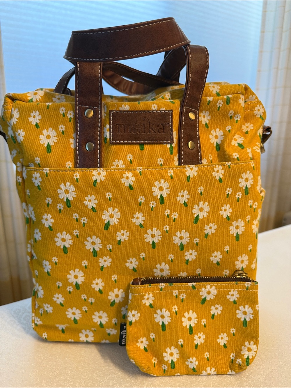Maika Yellow Floral Canvas Tote with Brown Handles